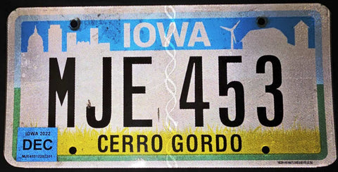 2022 Iowa Black & White Licence Plate MJE 453 Used With Stickers