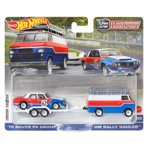 New 2023 Hot Wheels Car Culture Team Transport #55 '70 Rover P6 Group 2 & HW Rally Hauler Premium Real Riders