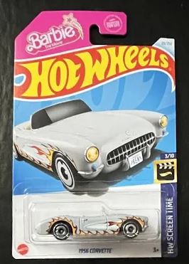 New 2025 Hot Wheels Barbie 1956 Corvette HW Screen Time Silver with Flames