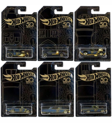 New 2018 Hot Wheels 50th Anniversary Black and Gold Set 1-6 Cars Full Set