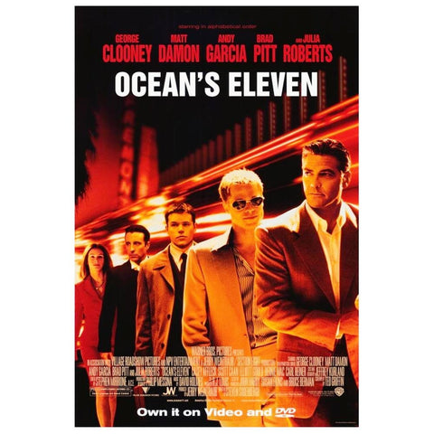 Ocean’s Eleven Movie Poster 27x40 Used Julia Roberts, Barry Brandt, Scott Caan, JP Manoux, Mark Gantt, Jim Lampley, Carol Florence, Frankie J Allison, Tim Snay, Brad Pitt, Angie Dickinson, Roy Horn, George