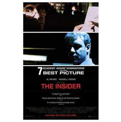 The Insider Movie Poster 27x40 Used Paul Perri, Roger Bart, Colm Feore, Eyal Podell, Russell Crowe, David C Fisher, Michael Gambon, Philip Baker Hall, Robert Harper, Gary Sandy, Christopher Plummer, Al Pacino