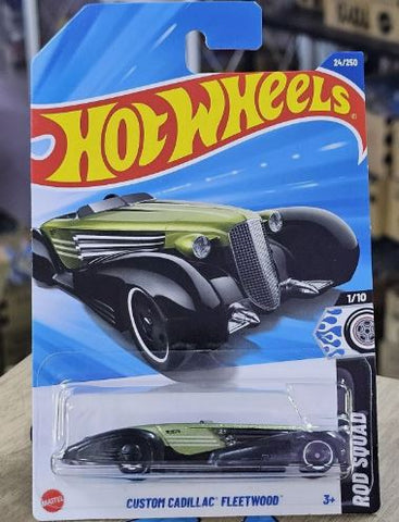 New 2025 Hot Wheels Custom Cadillac Fleetwood Rod Squad Black Over Green