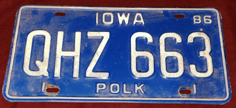 1986 Iowa Blue Licence Plate Used
