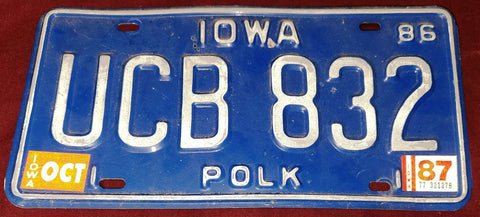 1987 Iowa Blue Licence Plate Used