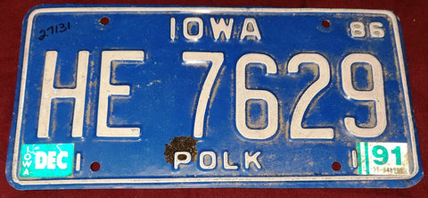 1991 Iowa Blue Licence Plate Used