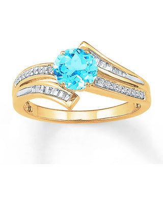 Used Blue Topaz Ring 1/6 Ct tw Diamonds 10K Yellow Gold Size 8