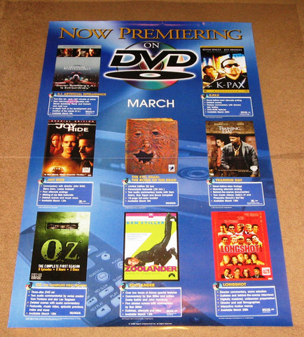 Now Premiering on DVD Poster March 2001 24x36 MCP0002 Used K-Pax, Oz A.I. Artificial Intelligence, Zoolander, Joy Ride, Training Day, Longshot, Evil Dead